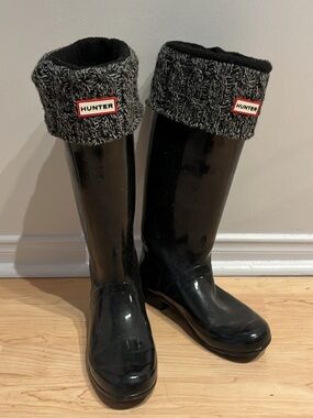 Hunter Gloss Black Tall Rain Boots with Gray Knit Cuffs